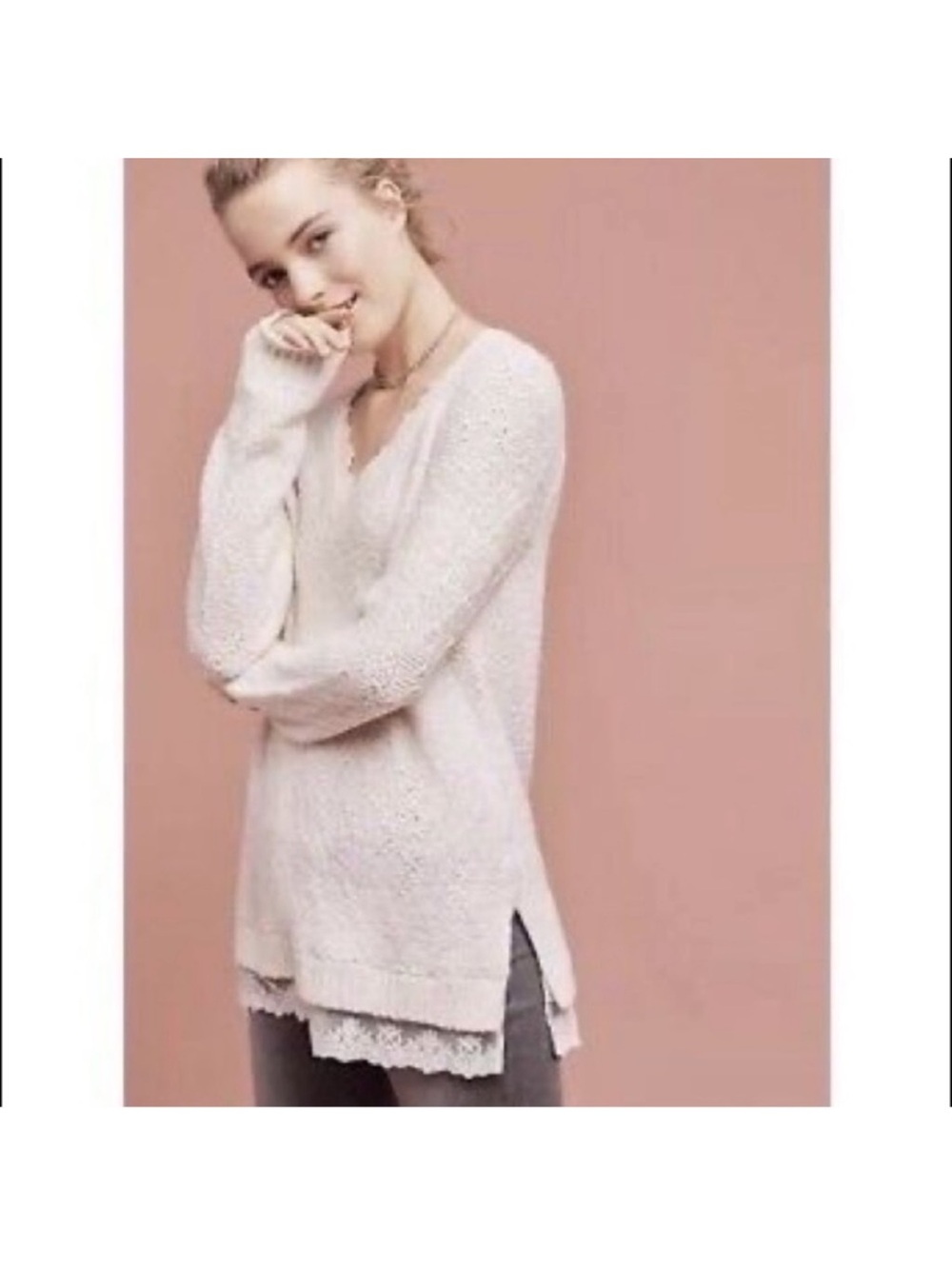 Anthropologie Knitted &
Knotted Lace Trim Betten
Sweater Tunic size XS Ivory
